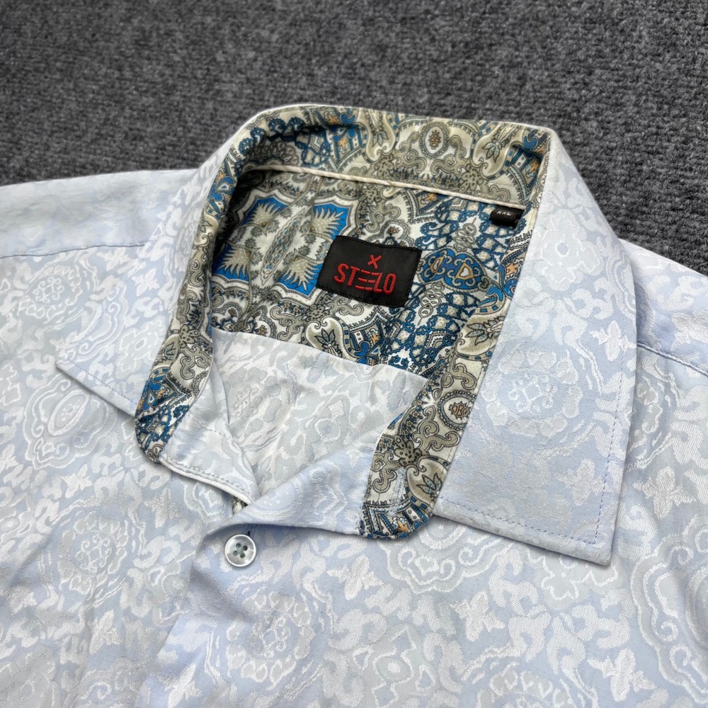 STEELO Jacquard Damask Paisley Contrast Light Blue Short Sleeve Button Down